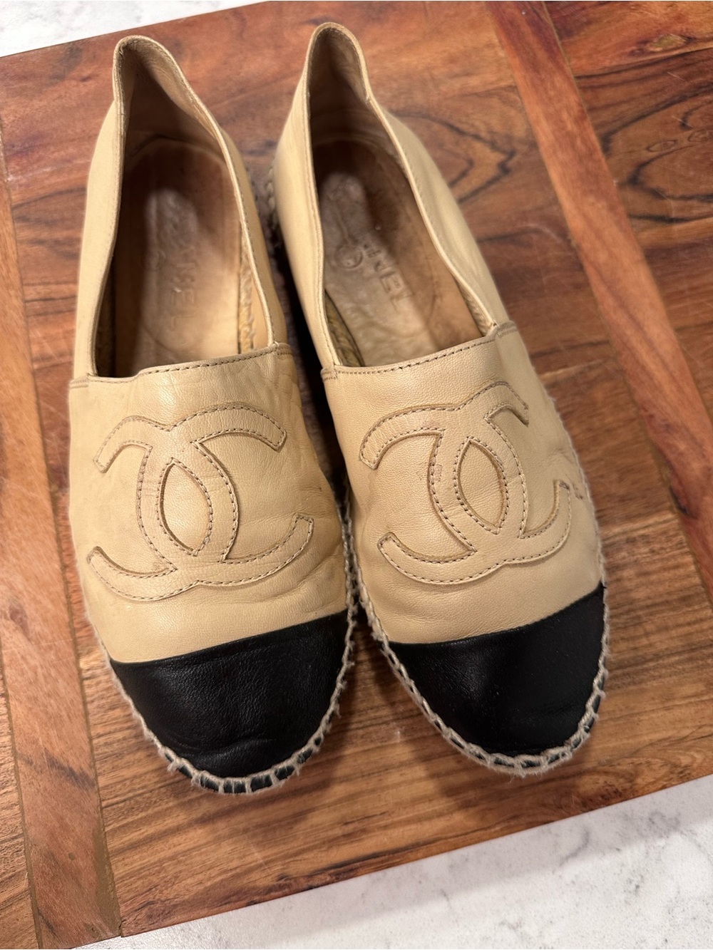 CHANEL Beige and Black Leather Espadrille Flats